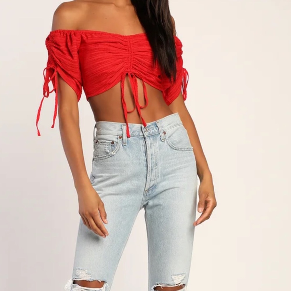 Lulu’s Midsummer Memories Pink Off-the-Shoulder Ruched Crop-M